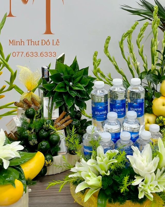Set 6 mâm lễ tone vàng – trắng – xanh – Minh Thư Đồ Lễ Đà Nẵng