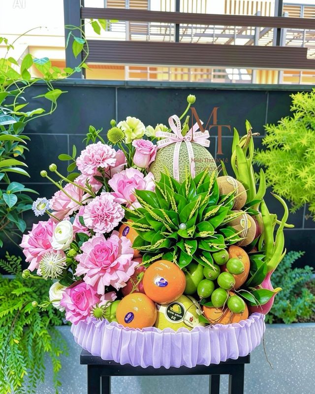 Lễ quả mix hoa tone hồng – Minh Thư Đồ Lễ Đà Nẵng