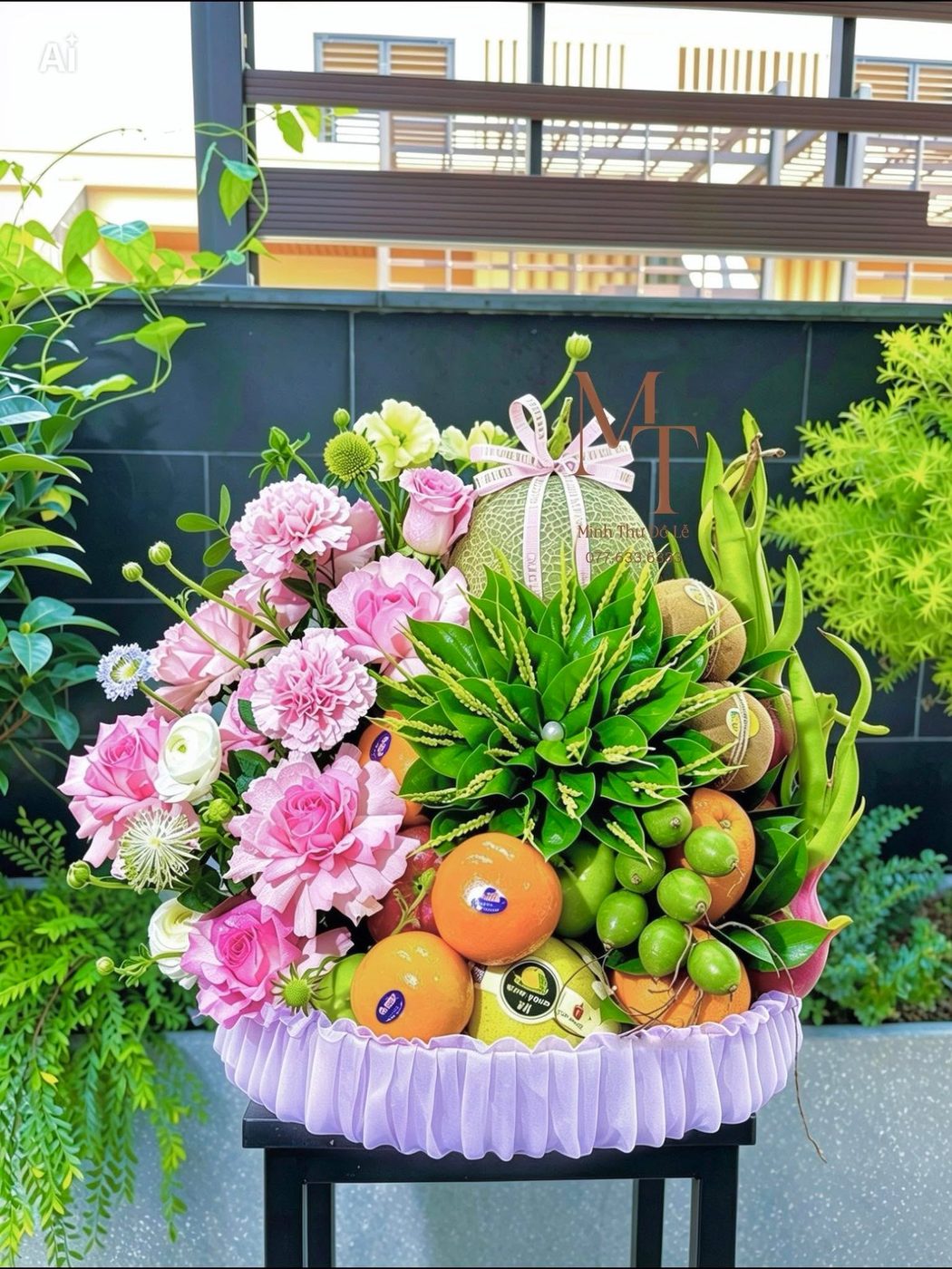 Lễ quả mix hoa tone hồng – Minh Thư Đồ Lễ Đà Nẵng